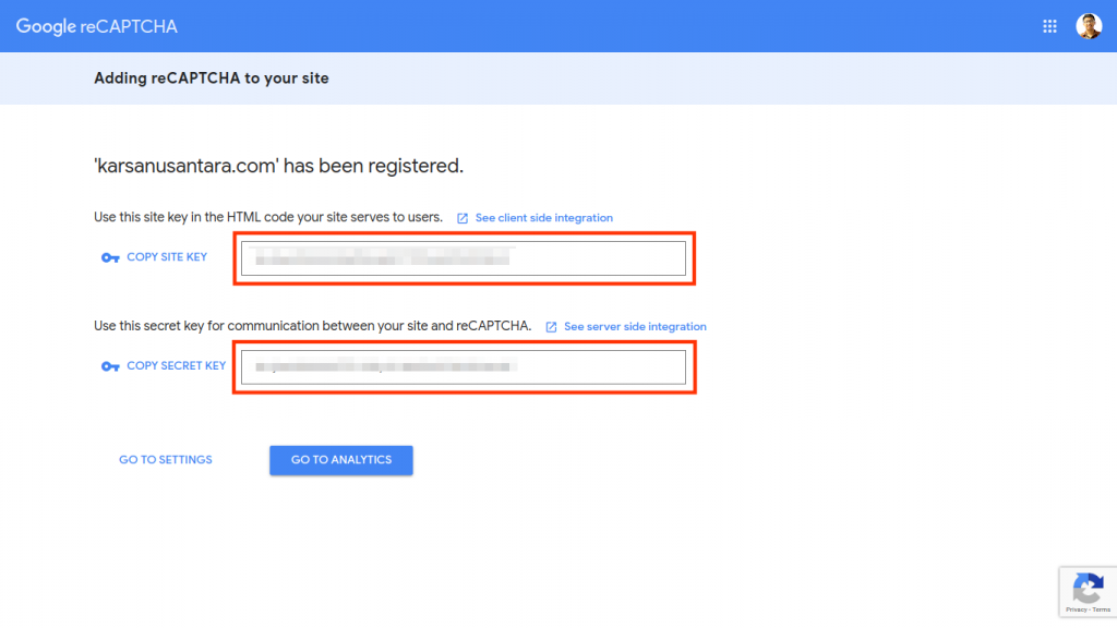 How to Install Google reCAPTCHA on WordPress Site 1 site key and secret key google