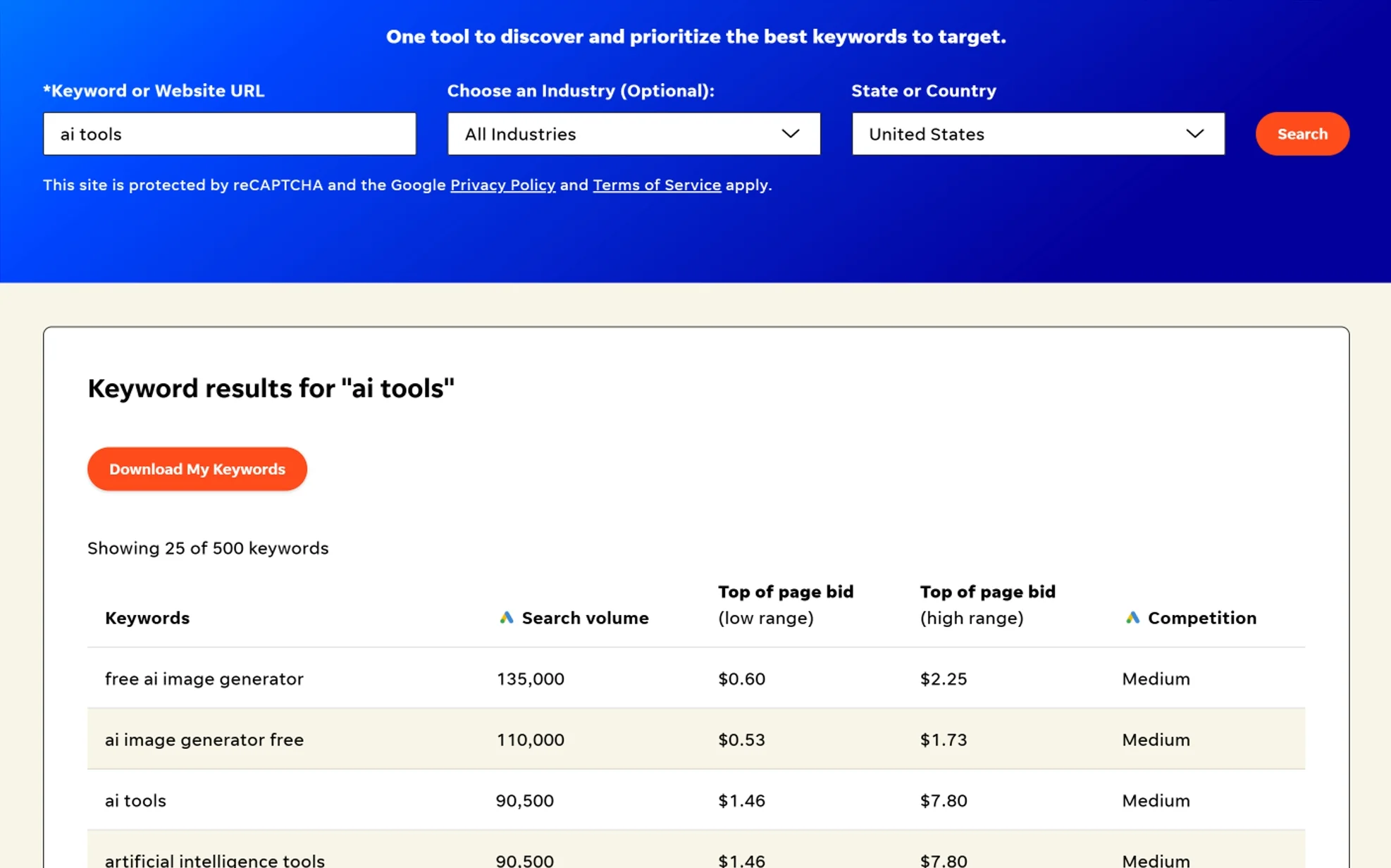 WordStream Free Keyword Tool interface