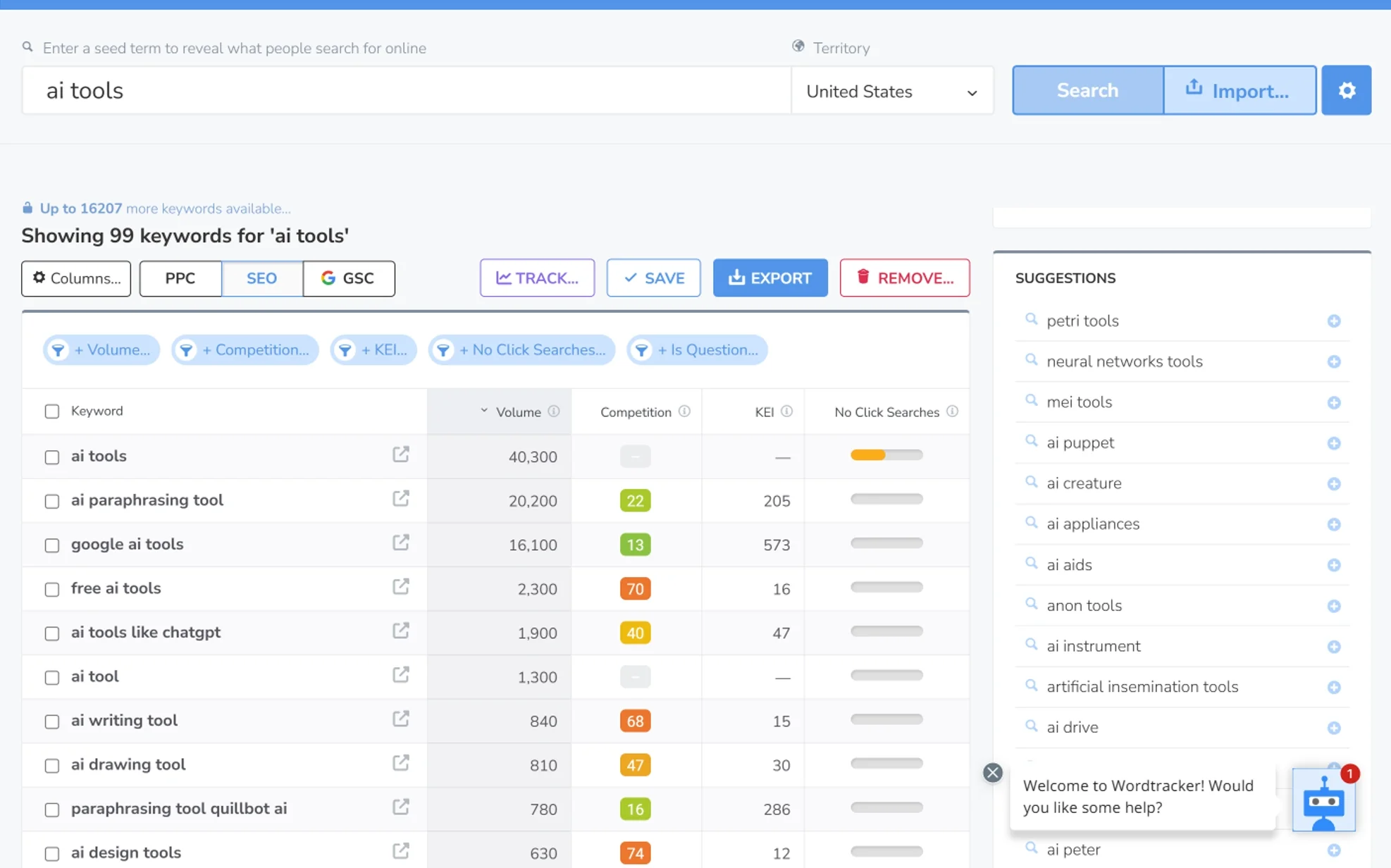 Wordtracker keyword research tool interface
