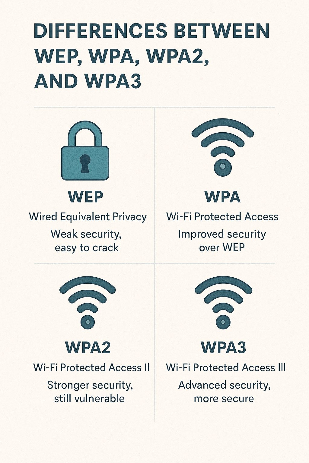 Differences Between WEP, WPA, WPA2, and WPA3 Security Protocols 2 infographic Differences Between WEP, WPA, WPA2, and WPA3 Security Protocols